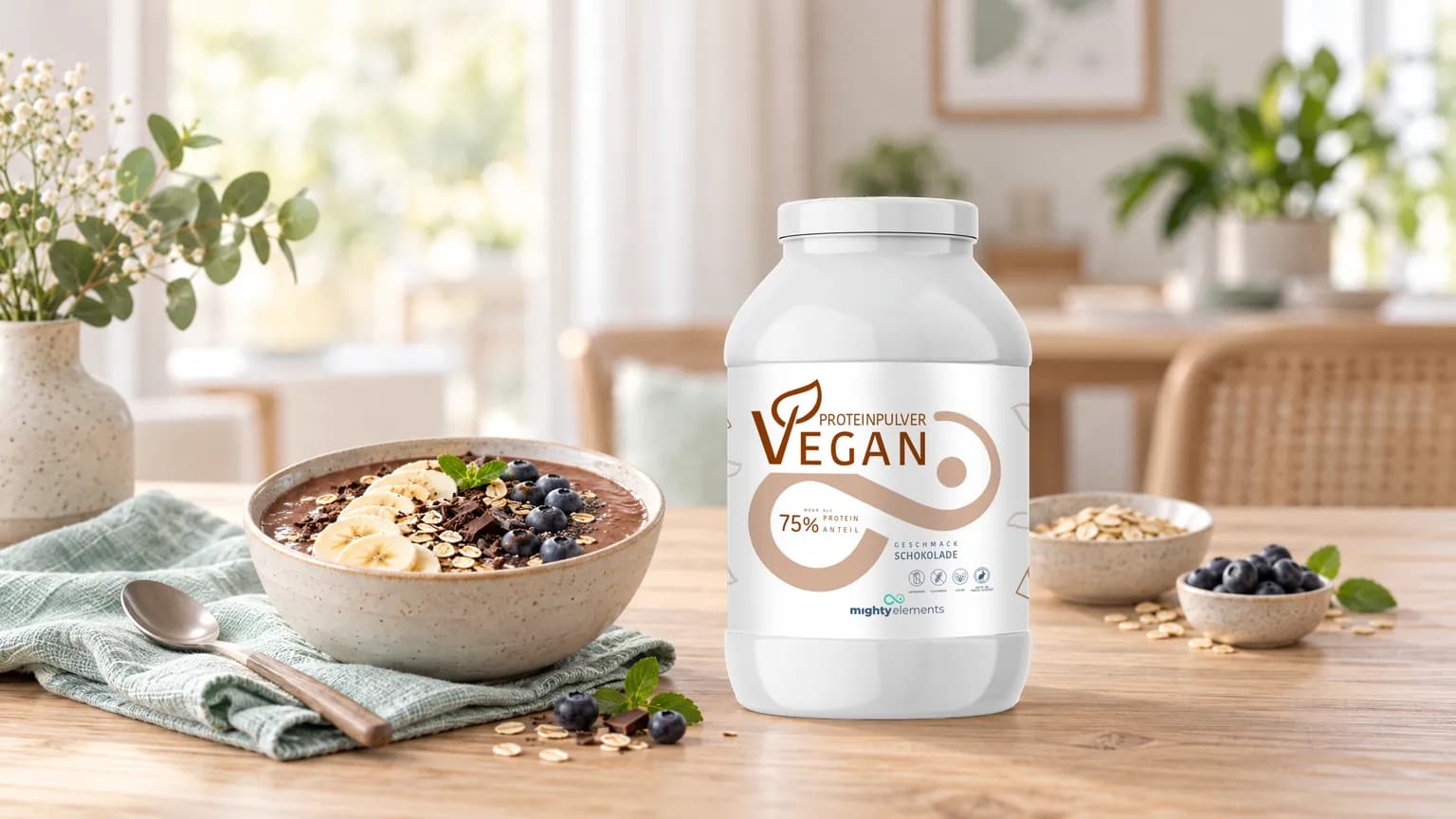 Dose Proteinpulver Vegan von Mighty Elements neben einer Smoothie-Bowl zum Frühstück