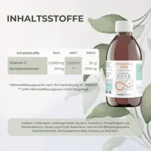 Liposomales Vitamin C Glasflasche R&uuml;ckseite mit Zutaten und N&auml;hrwertangaben