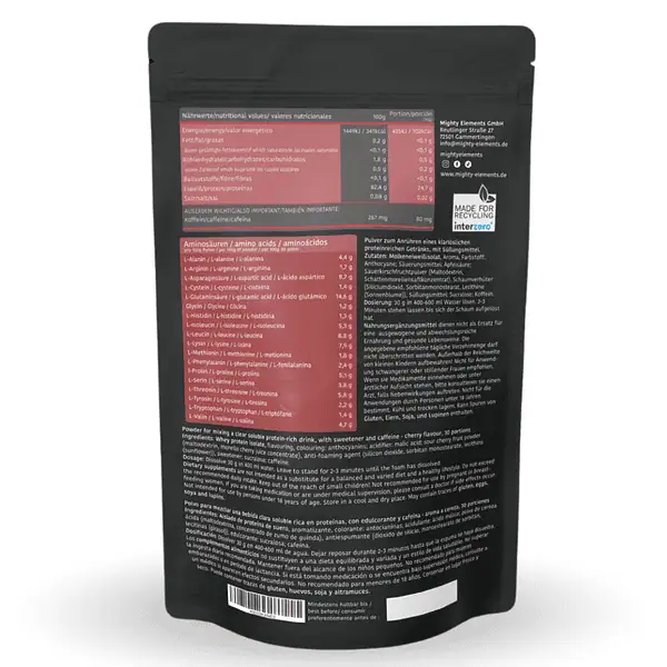 vegetarisches clear whey protein pulver mighty elements kirsche koffein