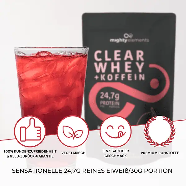 besonderheit vegetarisches clear whey protein pulver mighty elements kirsche koffein