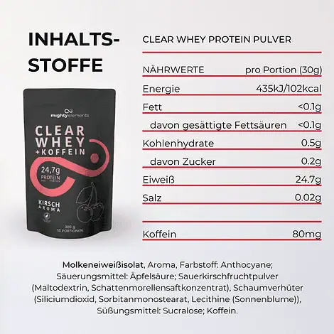 inhalt vegetarisches clear whey protein pulver mighty elements kirsche koffein