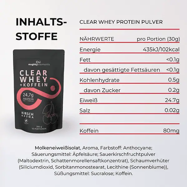 inhalt vegetarisches clear whey protein pulver mighty elements kirsche koffein