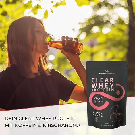 erfrischend vegetarisches clear whey protein pulver mighty elements kirsche koffein
