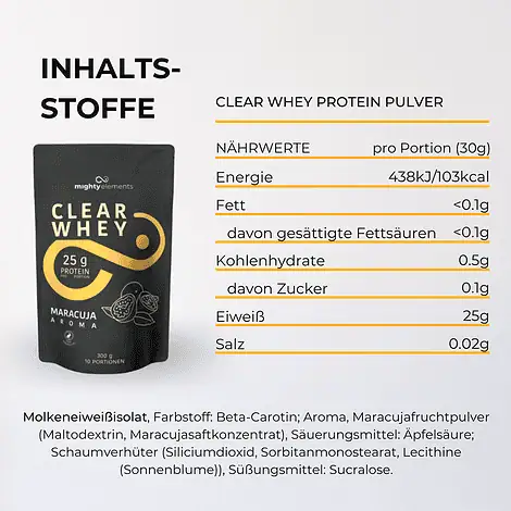 inhalt vegetarisches clear whey protein pulver mighty elements maracuja