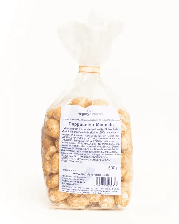 cappuccino mandeln leckerer snack mighty elements verpackung
