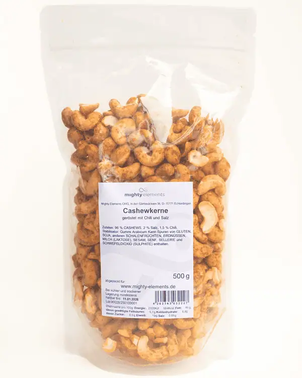 geröstete chili cashew kerne snack mighty elements verpackung