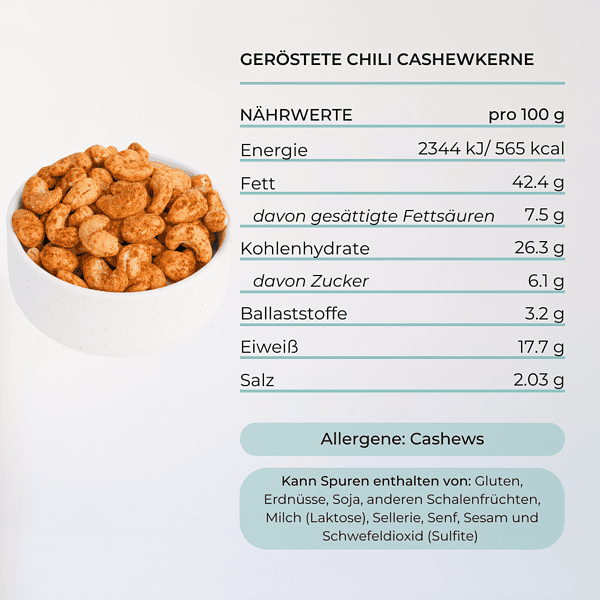geröstete chili cashew kerne snack mighty elements nährwert