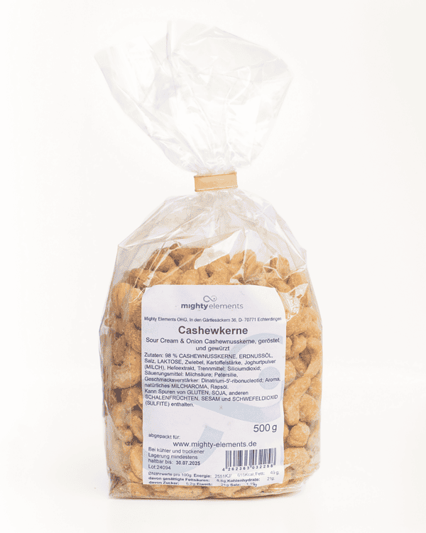 Sour Cream & Onion cashews mighty elements Verpackung