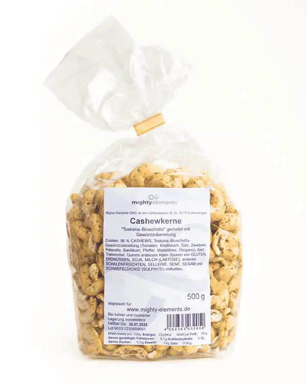 toskana cashew kerne snack mighty elements verpackung