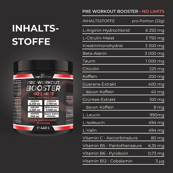 inhaltsstoffe no limits sport drink pre workout booster mighty elements