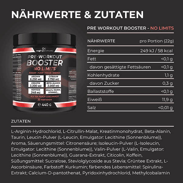 nährwerte zutaten no limits sport drink pre workout booster mighty elements