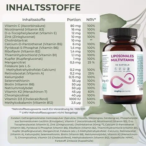Multivitamin & Mineralien Kapseln - Liposomale Vitamine A, B, C, D3, E, K2 + Mineralien | 30 vegane Kapseln – Bild 2