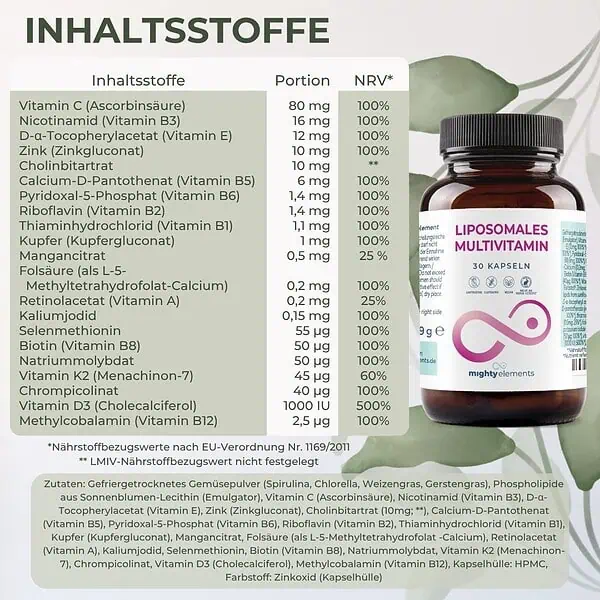 Multivitamin & Mineralien Kapseln - Liposomale Vitamine A, B, C, D3, E, K2 + Mineralien | 30 vegane Kapseln – Bild 2