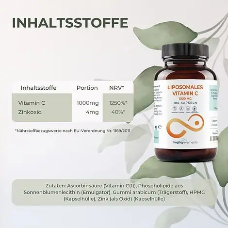 Vitamin C Kapseln - Liposomales Vitamin C (1000 mg pro Tagesdosis), Zink (2 mg) | 180 vegane Kapseln – Bild 2