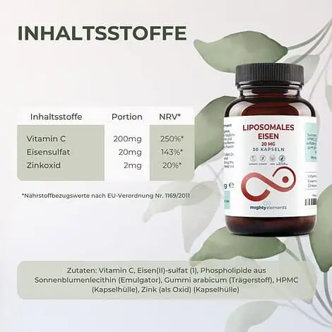 Eisen Kapseln - Liposomales Eisen (20 mg), Vitamin C (200 mg), Zink (2 mg) | 30 vegane Kapseln – Bild 2