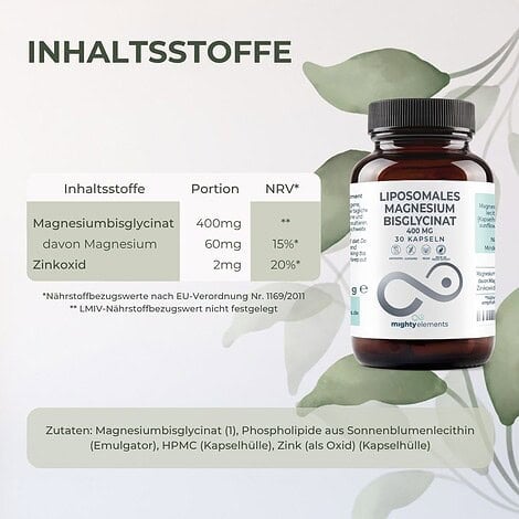 Magnesium Bisglycinat Kapseln - Liposomales Magnesium (800 mg pro Tagesdosis), Zink (2 mg) | 30 vegane Kapseln – Bild 2