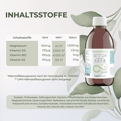 Essentials - Liposomales Magnesium (150mg), B12 (100µg), Vitamin D3 (130 µg),  K2-MK7 (100 µg) – Bild 2