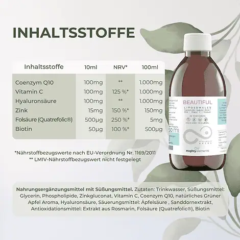 Beautiful - Liposomales Coenzym Q10 (100 mg), Hyaluron (100 mg), Zink (15mg), Folat (500 μg) – Bild 2