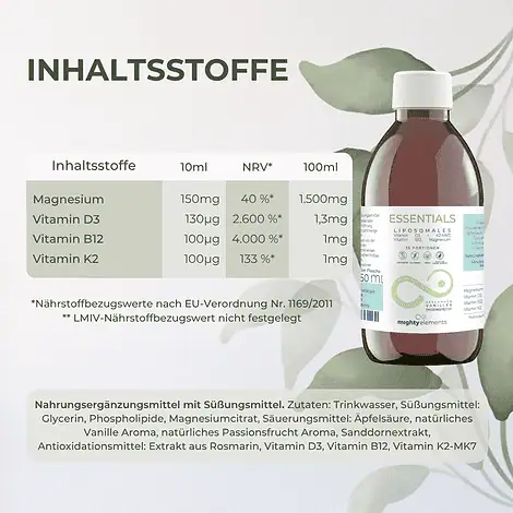 Essentials - Liposomales Magnesium (150mg), B12 (100µg), Vitamin D3 (130 µg),  K2-MK7 (100 µg) – Bild 2